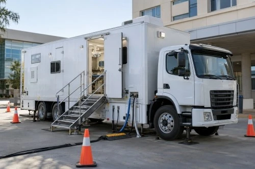 Mobile surgical unit deployed beside a healthcare facility with access steps and utility connections Mobile surgical unit deployed beside a healthcare facility with access steps and utility connections