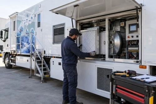 Technician inspecting the HVAC filtration and control system of a mobile surgical unit Technician inspecting the HVAC filtration and control system of a mobile surgical unit