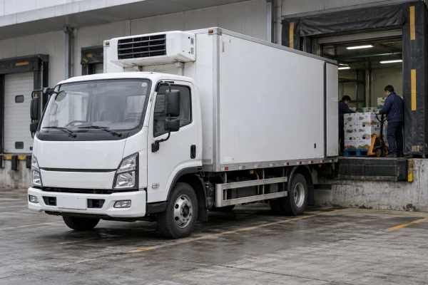 Electric refrigerated box truck at a loading dock for urban cold chain delivery Electric refrigerated box truck at a loading dock for urban cold chain delivery