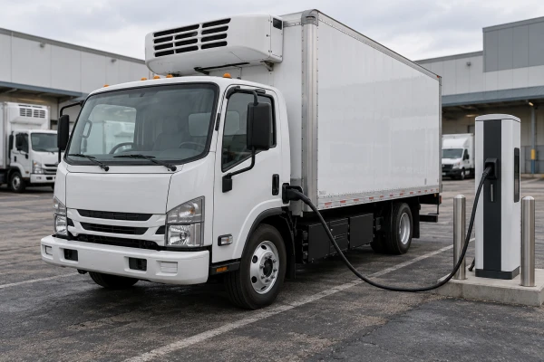 Electric refrigerated truck connected to a depot charger Electric refrigerated truck connected to a depot charger